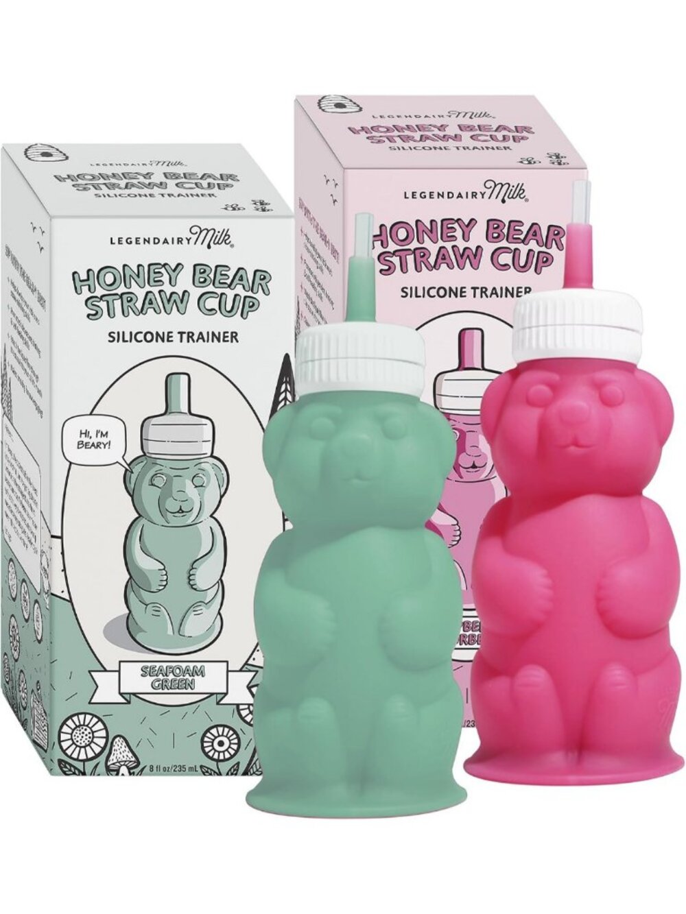 Silicone Honey Bear Straw Cups for Babies - 8oz, Dishwasher Safe, 2-Pack